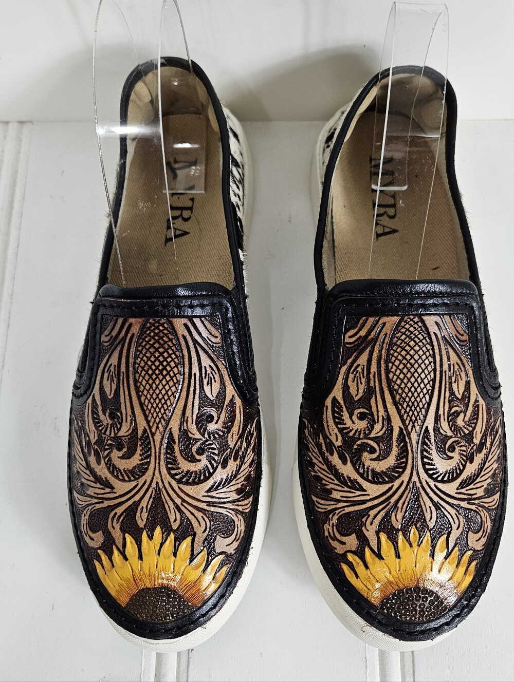 Myra Nehard Sneakers 8 Hand Tooled Leather Cowhide Sunflower Western Brown Black - Picture 8 of 16